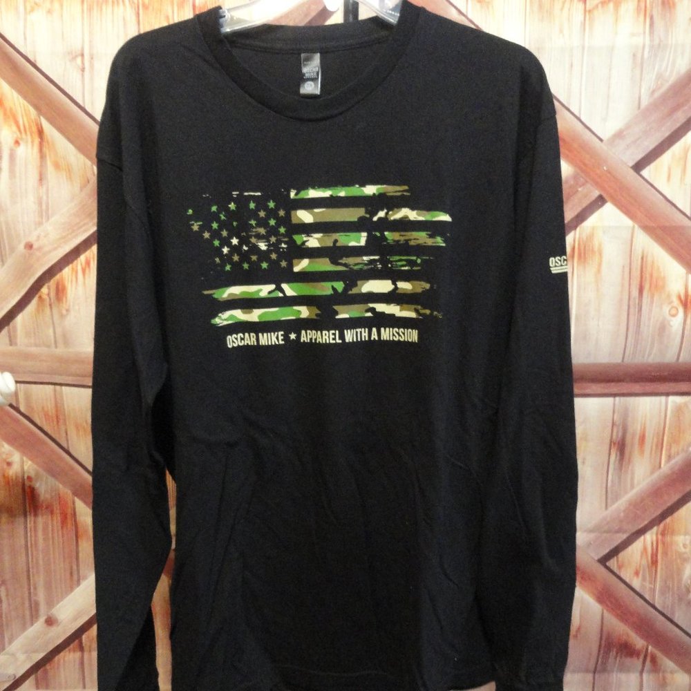 Oscar Mike Camo Ripped Flag Long sleeve patriotic Shirt~EUC~Gently worn~…